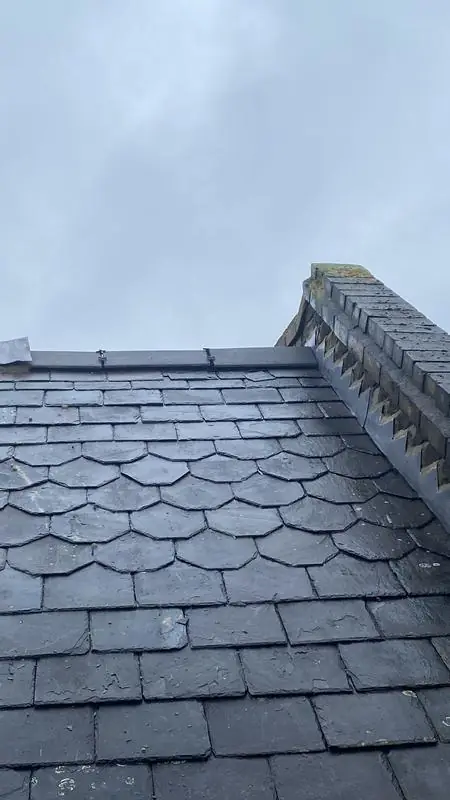 Slate roof with a band of fish-scale slates near a parapet wall, under a grey sky